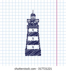 Vector hand drawn lighthouse icon on copybook 