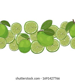 Vektorillustration handgezeichnet Limonenobst. Nahtlose Grenze. Konkrete Illustration. Handgezeichneter Kalk. Design für Rahmen, Rahmen, Poster