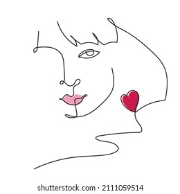 Vector hand drawn line art of a female face. Minimalist stylized portrait of a young woman for label, logo or packaging design. 
Hairstyle with bangs. Small pink heart.