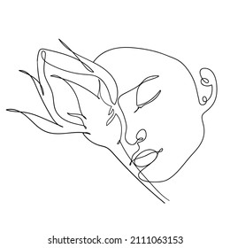 Handgezeichnete Linienkunst eines weiblichen Gesichts mit Rosenknospe. Einfaches minimalistisches Porträt einer jungen Frau für Etiketten, Logos oder Verpackungsdesign. 