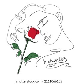 Ilustración artística de línea dibujada a mano de vectores de caras femeninas con una rosa roja. Sencillo retrato minimalista y elegante de una pareja con recuerdos de palabras escritas a mano.