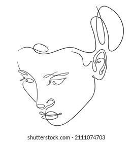 Vector hand drawn line art of a female head. Simple minimalist portrait of a young woman for label, logo or packaging design. Ballet dancer elegant face.