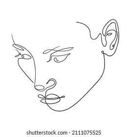 Vector hand drawn line art of a female head. Simple minimalist portrait of a young woman for avatar, print, label, logo or packaging design. 