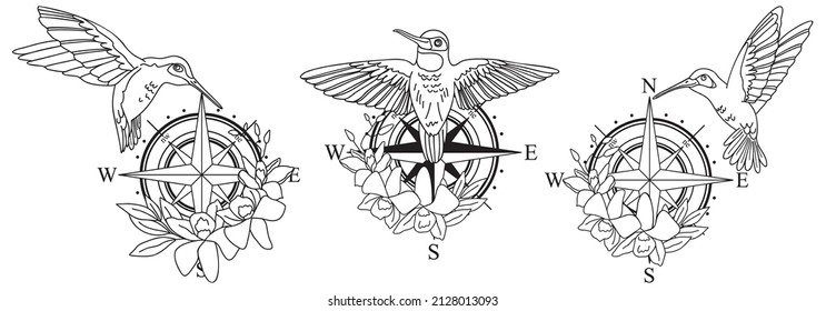 Vector hand drawn line art compass with hummingbirds