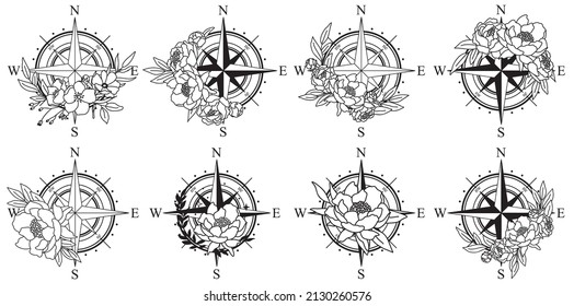 Vector hand drawn line art compass with flowers