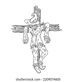 vector hand drawn line art illustration of halloween scarecrow, for digital design and printable