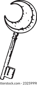 Vector hand drawn line art key with moon element