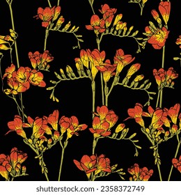 
Vector hand drawn line art freesia flowers. Seamless pattern painted on a black background. Suitable for the design of wallpaper, wrapping paper, posters, prints, fabrics, apparel.