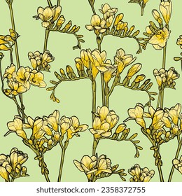 
Flores de arte freesia dibujadas a mano por vectores. Patrón sin foco pintado sobre un fondo primaveral. Adecuado para el diseño de papel pintado, papel de envoltura, afiches, estampados, tejidos, prendas de vestir.