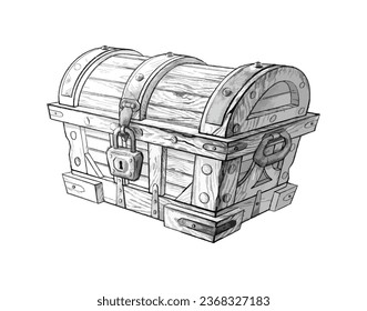 Vector hand drawn line art icon illustration of pirate treasure chest.