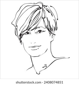 Porte de estilo de arte de línea dibujada a mano vectora.Caracteres de pueblos aislados en el gráfico de entrecruzamiento. Mujer de belleza se enfrenta a una chica con vestido de pelo. Niña con pelo corto de estilo ingenuo. Recorte de pelo, comercial de cosméticos.