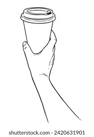 Vector hand drawn line art illustration of hand holding disposable paper coffee takeaway cup
