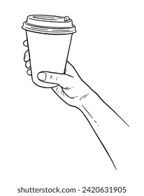 Ilustración de la línea dibujada a mano del vector ilustración de la mano sujetando papel desechable taza de café para tomar
