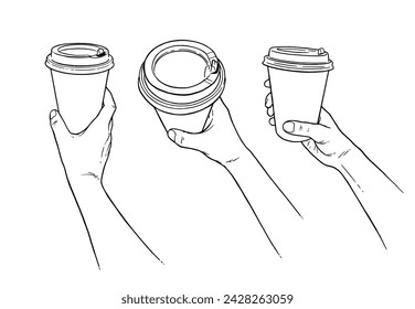 Ilustración de arte de línea dibujada a mano vectorial conjunto de manos sosteniendo taza de café desechable para llevar