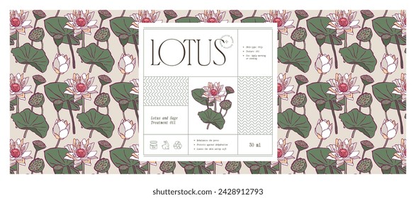 Vector hand drawn line art vector cosmetics label design template with botanical seamless pattern