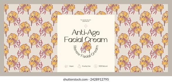 Vector hand drawn line art vector cosmetics label design template with botanical seamless pattern