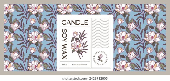 Vector hand drawn line art vector cosmetics label design template with botanical seamless pattern