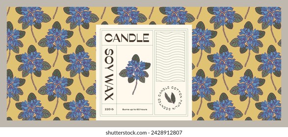 Vector hand drawn line art vector cosmetics label design template with botanical seamless pattern