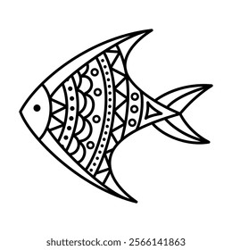 Vector hand drawn line art fish isolated on white background. Bold coloring page for kids and adult