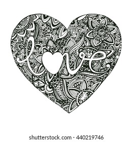 Vector dibujado a mano línea arte doodle adornado. patrón verde en forma de corazón en estilo zentangle. Diseño étnico retro con Elementos florales y la palabra blanca amor. libro para colorear para feliz día de San Valentín