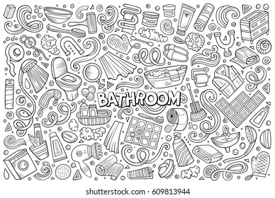 Vector hand drawn line art doodle cartoon set of Bathroom objects and symbols