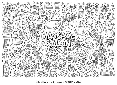 Vector hand drawn line art doodle cartoon set of Massage and Spa objects and symbols