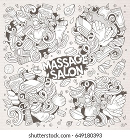 Vector hand drawn line art doodle cartoon set of Massage and Spa objects and symbols