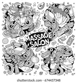 Vector hand drawn line art doodle cartoon set of Massage and Spa objects and symbols