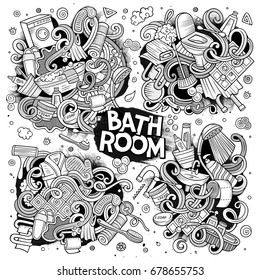 Vector hand drawn line art doodle cartoon set of Bathroom objects and symbols