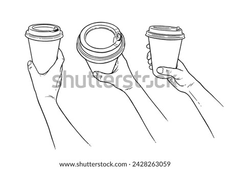 Vector hand drawn line art illustration set of hands holding disposable coffee takeaway cup