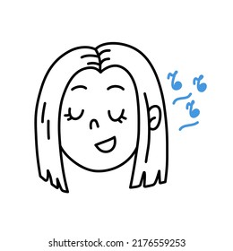 Vector Hand Drawn Line Cartoon Cute Smiling Singing Girls Face with Notes. Cartoon Female Doodle Portrait.