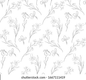 Vector Hand Drawn Line Drawing Doodle Floral Seamless Pattern with Wildflowers, Plants, Branches, Leaves, Flowers Design Elements Illustration. Branding. Swatch