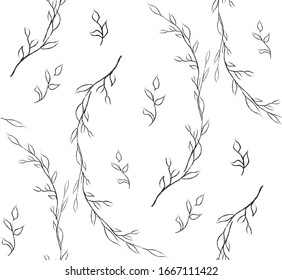 Vector Hand Drawn Line Drawing Doodle Floral Seamless Pattern with Wildflowers, Plants, Branches, Leaves. Design Elements Illustration. Branding. Swatch