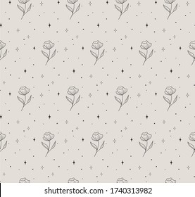 Vector Hand Drawn Line Drawing Doodle Floral Seamless Pattern with Wildflowers, Flowers, Plants, Leaves and Stars. Design Elements Illustration. Branding. Swatch