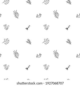 Vector Hand Drawn Line Drawing Doodle Floral Seamless Pattern with Wildflowers, Plants, Branches, Leaves. Design monoline Elements Illustration.