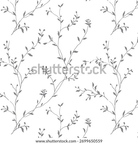 Vector Hand Drawn Line Drawing Doodle Floral Seamless Pattern with Wildflowers, Plants, Branches, Leaves. Design Elements Illustration. Branding. Swatch
