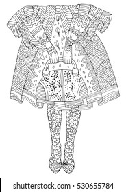 Vector hand drawn line fashionable girl in patterned tights holding bag in lush skirt. Fashion illustration. Pattern for coloring page A4 size. Zentangle drawing.