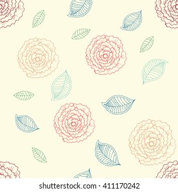 Vector hand drawn line floral seamless pattern. Colorful spring or summer background with rose and leaf in pastel shades