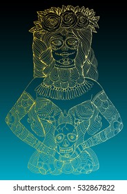 Vector hand drawn line girl with calavera makeup with flowers in her hair holding sugar skull. Mexican holiday Day of the Dead. Halloween costume party, page A4 size. Isolated on a green background