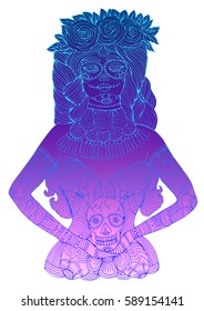 Vector hand drawn line girl with calavera makeup with flowers in her hair holding sugar skull. Mexican holiday Day of the Dead. Halloween costume party, page A4 size. Isolated on a background
