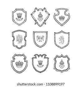 Vector hand drawn line heraldics of set illustration isolated on white