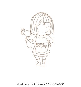 Vector hand drawn line illustration of stylish cartoon little girl hairdresser with hair dryer. Female beauty shop. Young professional coiffeuse. Hairstyle kid fashion. Hairstylist child salon.