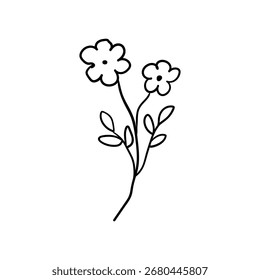 Vector hand drawn line illustration of simple floral branch with leaves on isolated background. Vintage sketch style botanical flower clipart