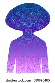 Vector hand drawn line man with sugar skull calavera makeup with patterned sombrero on his head. Mexican holiday Day of the Dead. Halloween costume party, page A4 size. Isolated on a background