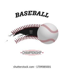 Vector Hand drawn line of motion white baseball ball with red lacing. Baseball american game typography isolated on white background. Club, colage team logo, championship sign, sport league icon. 