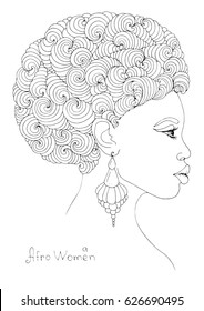 Vector hand drawn line profile portrait of a young African girl with magnificent curly afro hairstyle and volumetric earrings. Coloring page. On a white background