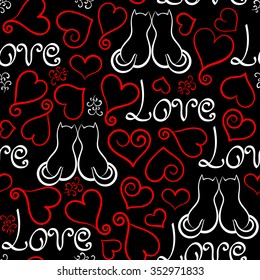 Vector hand drawn line red, black and white hearts, lettering and cats seamless dark background. Valentine's day romantic seamless pattern