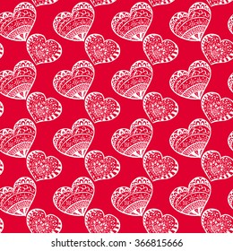 Vector hand drawn line red and white hearts seamless zentangle pattern and background