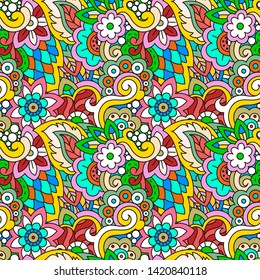 Vector hand drawn line seamless illustration of abstract colored flower and leaves. Floral natural decoration textile design