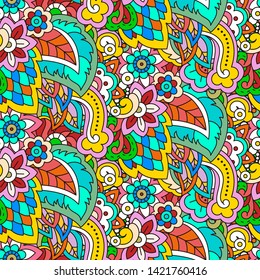 Vector hand drawn line seamless illustration of abstract colored flower and leaves. Floral natural decoration textile design